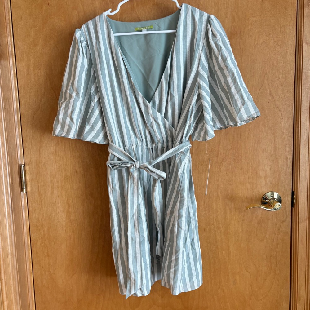 Gianni Bini Billie Stripe Wrap‎ Dress Sage Ivory XL 0170M204 Mini Short Sleeve